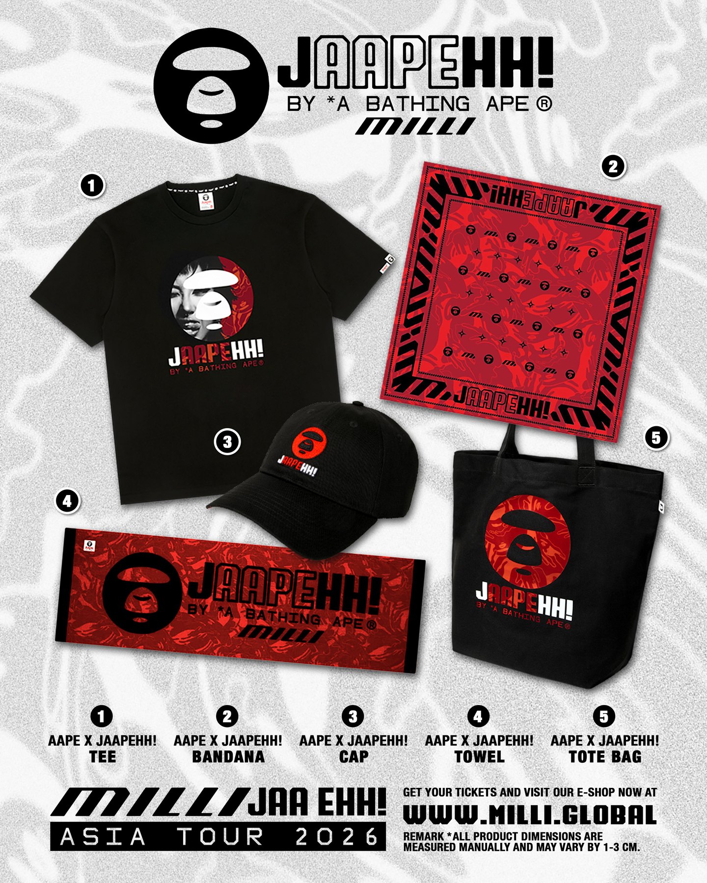 AAPE x MILLI JAA EHH! ASIA TOUR 2026 crossover collection — tee, cap, towel, tote bag, bandana