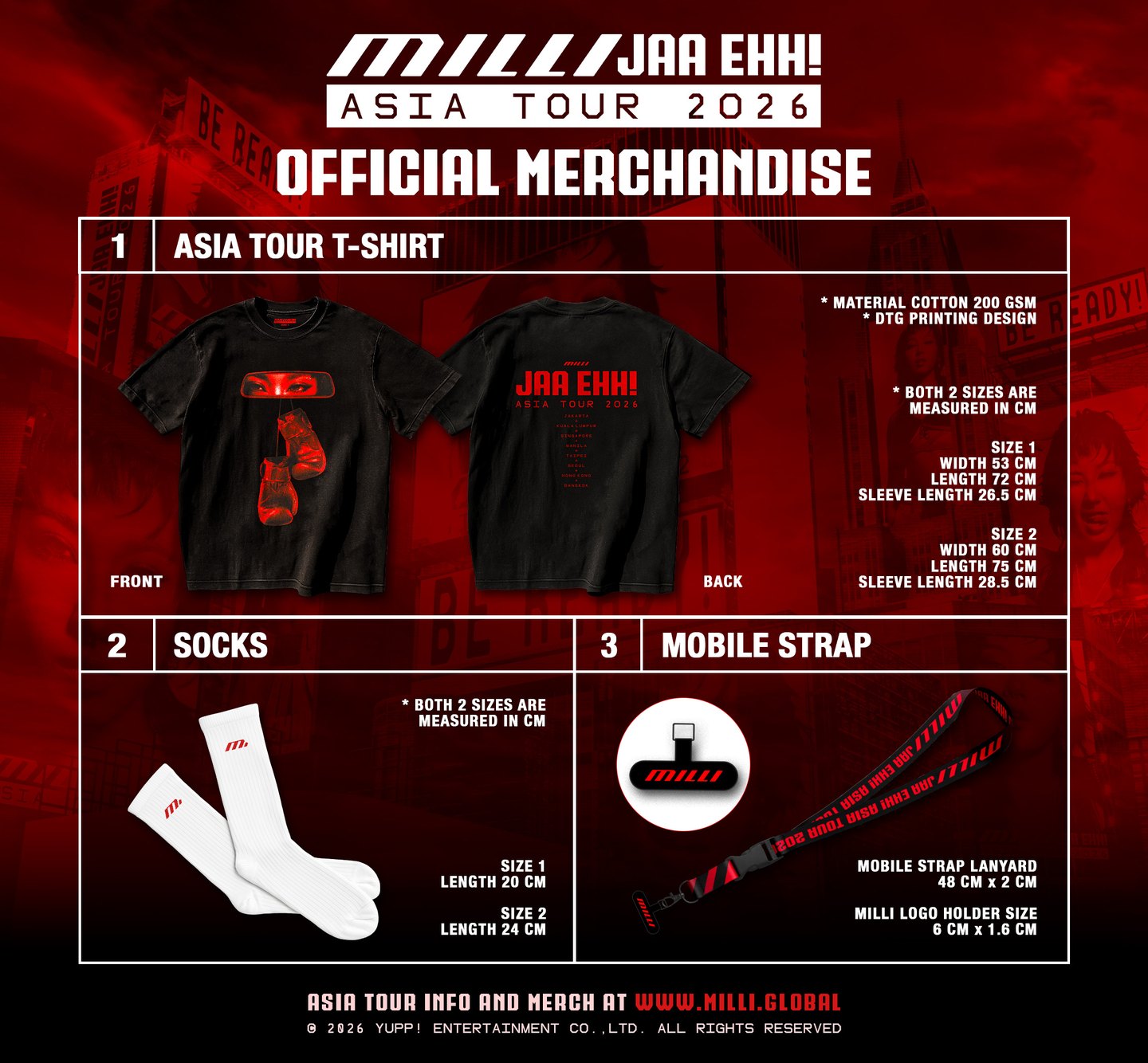 MILLI JAA EHH! ASIA TOUR 2026 official merchandise — tour tee, M logo socks, mobile strap