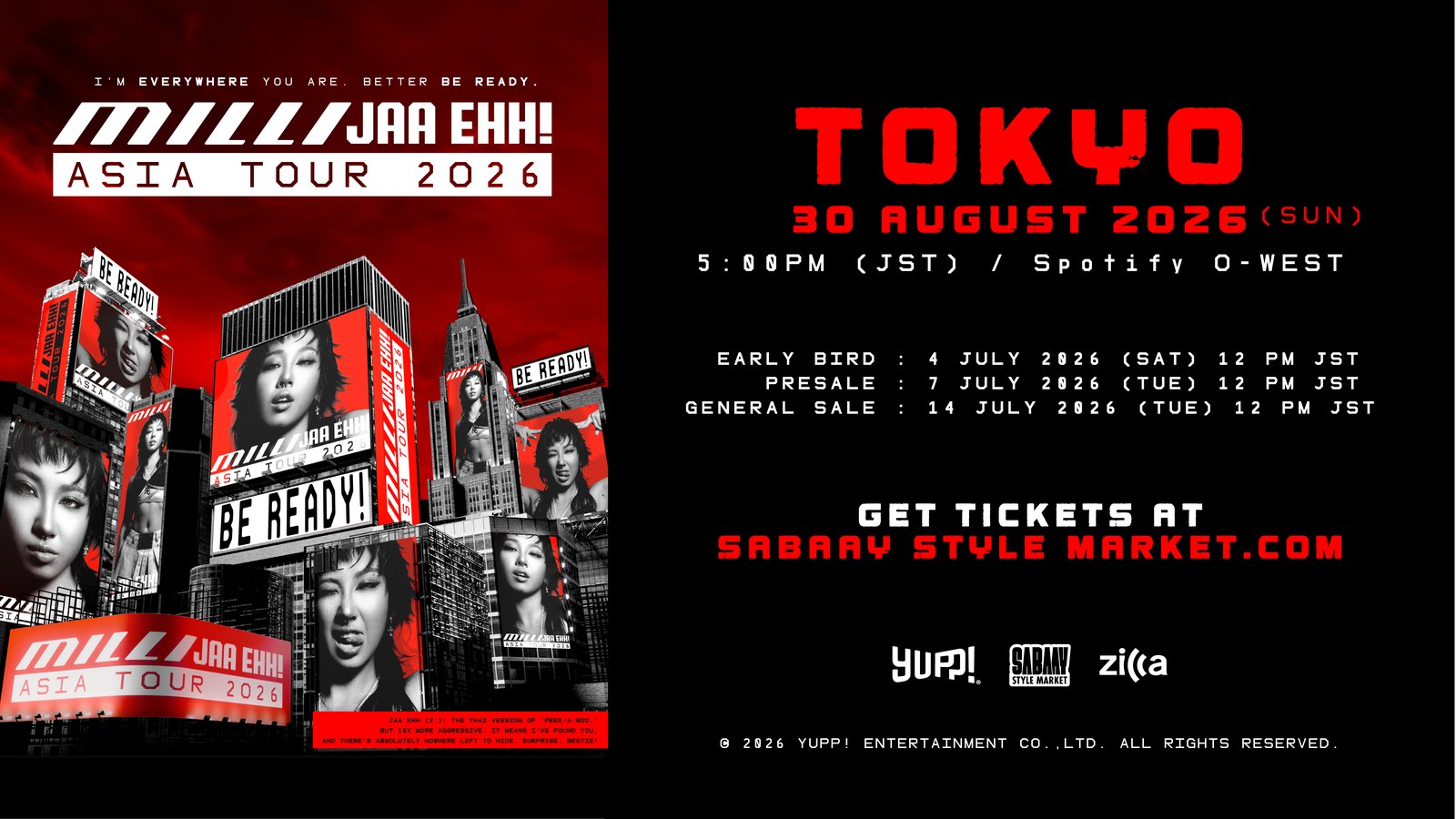 MILLI · JAA EHH! ASIA TOUR 2026 — TOKYO · Sun 30 Aug 2026 · Spotify O-WEST